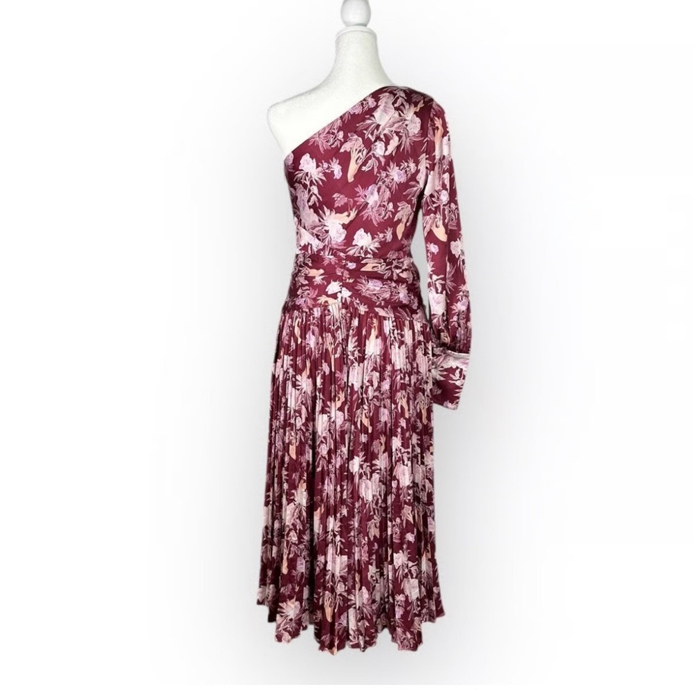 Three Floor One-Shoulder Floral Midi Dress in Burgundy and Blush